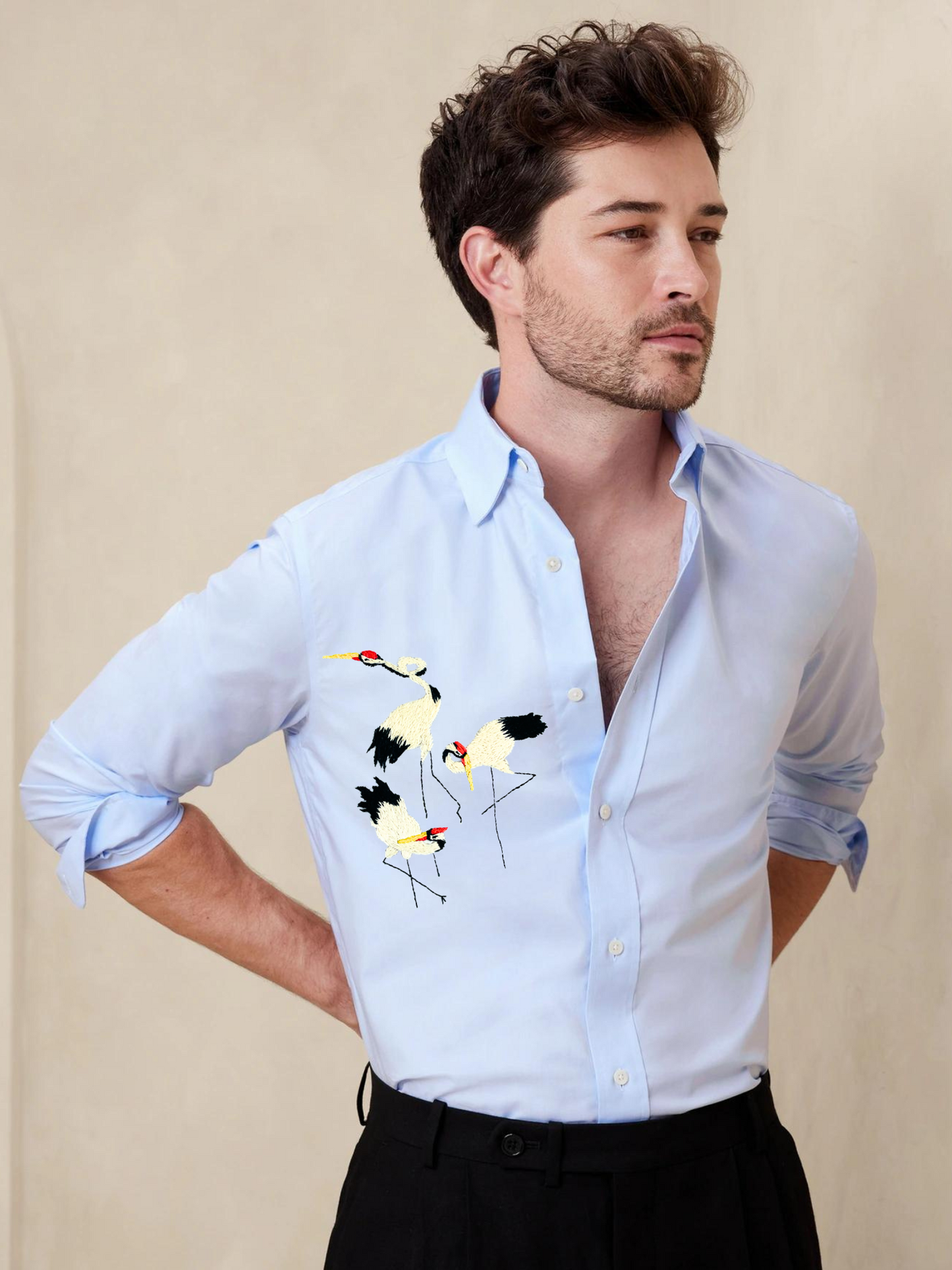 RED-CROWNED CRANE BRODÉE SHIRT